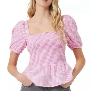 Pink Gingham Puff Sleeve Smocked Shirt
